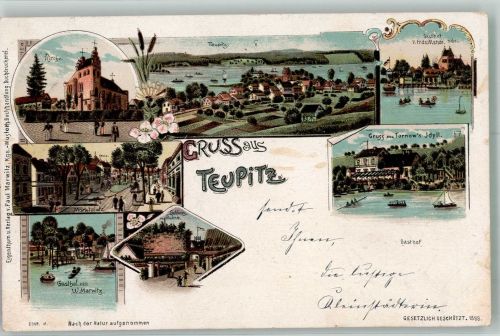 15755 O1612 Teupitz 1901 Lithographie Schloss mit Ruine Dorfkirche Gasthaus Marwitz
