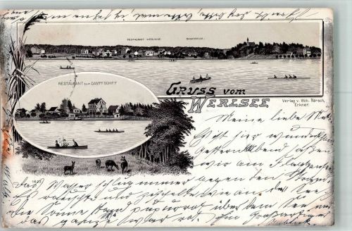 15537 O1252 Werlsee 1898 Lithographie Werlsee Ruderboote Gasthaus Werlnixe Gasthaus zum Dampfschiff Sanatorium