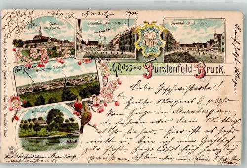 82256 W8080 Fürstenfeldbruck 1895 Lithographie Vorläufer Kloster Fürstenfeld Marktplatz Weiherhaus Verlag Ottmar Zieher-München