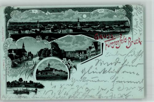 82256 W8080 Fürstenfeldbruck 1898 Lithographie / Mondschein Kloster Fürstenfeld Marktplatz Weiherhaus