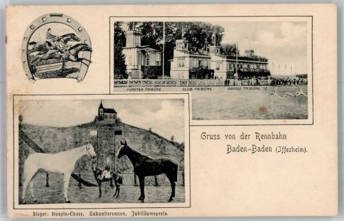 76473 W7557 Iffezheim Gebrauchsspuren Galopprennbahn Iffezheim Vollblüter Sieger der Rennen Fürsten Tribüne Club Tribüne Grosse Tribüne Foto AK