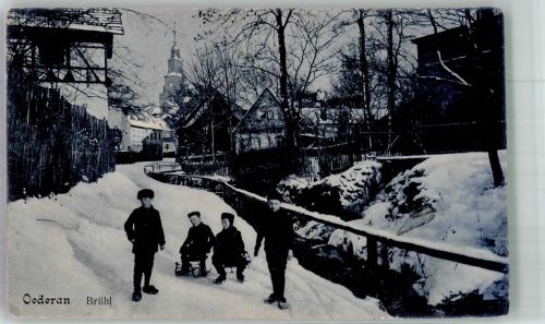 09569 O9388 Oederan 1911 - Brühll Rodelpartie Kinder Dorfbach Winter