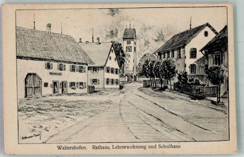 82281 W8081 Waltershofen b Unterschweinbach Künstlerkarte Dorfstrasse Rathaus Lehrerwohnung Schule Winter signiert
