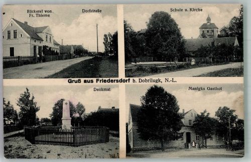 03249 O7981 Friedersdorf , NL 1926 - Bäckerei Thieme Schule Kirche Denkmal Gasthaus Manigk