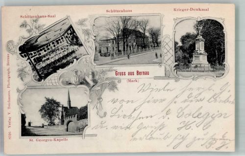 16321 O1280 Bernau b Berlin 1906 - Schützenhaus Schützenhaus-Saal St. Georgen-Kapelle Kriegerdenkmal Bahnpost Bernau- Zug 448