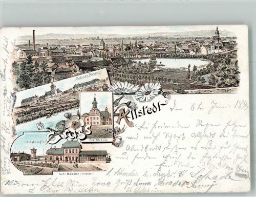 06542 O4702 Allstedt 1897 Lithographie Rathaus Bahnhof Schloss Allstedt