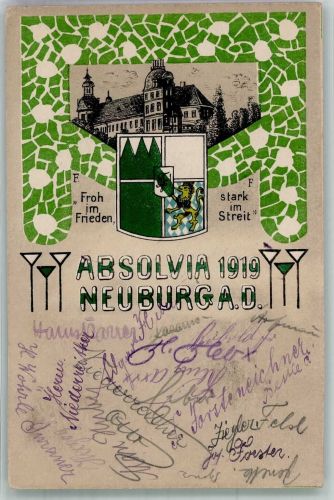 86633 W8858 Neuburg a d Donau 1919 Lithographie Studentika Absolvia 1919 Pennälerwappen RS. Stempel Real-Absolvia 1919