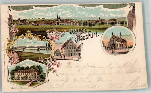 97437 W8728 Haßfurt 1900 Lithographie Mainbrücke Ritter-Kapelle Rathaus