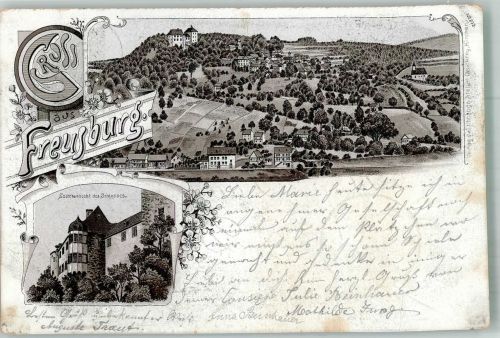 57548 W5242 Freusburg 1897 Lithographie Seitenansicht des Schlosses Bahnpost Hagen-Zug 417