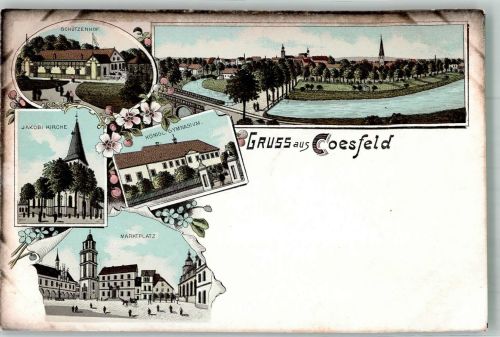 48653 W4420 Coesfeld Lithographie Gasthaus Schützenhof Jakobi-Kirche Marktplatz Kgl. Gymnasium