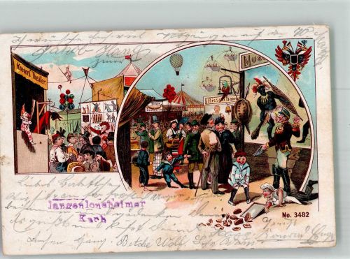 W6536 Langenlonsheim Kasperle Theater, Ballon, Völkerschau Langenlonsheimer Kerb Jahrmarkt Lithographie