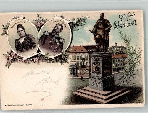 W6200 Wiesbaden Kaiserpaar Denkmal Adel Friedrich III 1898 Lithographie / Mondschein