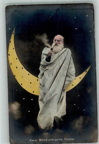 Vater Mond mit Pfeife und seine Töchter Verlag GLco I Himmelskörper 1904 Fotomontage AK