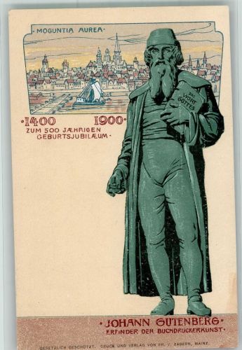 W6500 Mainz a Rhein 500 jähr. Geburtsjubiläum Gutenberg 1900 Lithographie / Künstlerkarte