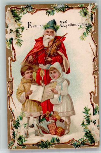 als Geigenspieler , Kinder singen Weihnachten Nikolaus 1900 Lithographie / Künstlerkarte