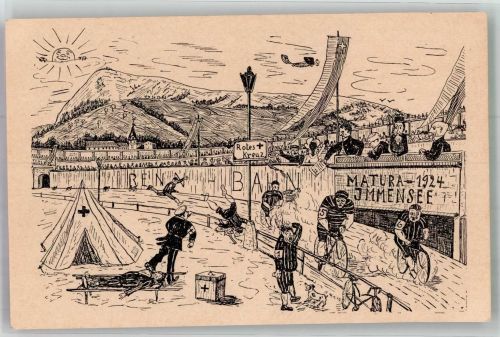 Immensee Humor Radrennen Abitur 1924 Lithographie / Künstlerkarte