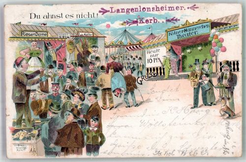 W6536 Langenlonsheim Kerb Volksfest Kölner Hänneschen Theater, Riesen-Dame Jahrmarkt Lithographie / Künstlerkarte