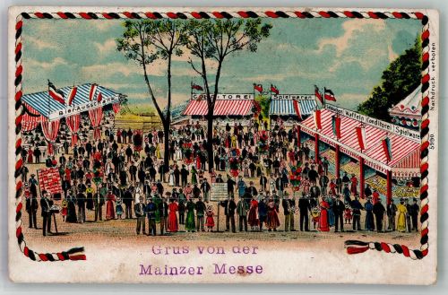 W6500 Mainz a Rhein Mainzer Messe Volksfest Bier-Ausschank , Waffeln Jahrmarkt 1916 Lithographie / Künstlerkarte