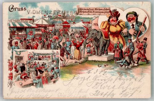 W6500 Mainz a Rhein Volksfest Messe Elefant Humor Jahrmarkt 1902 Lithographie / Künstlerkarte