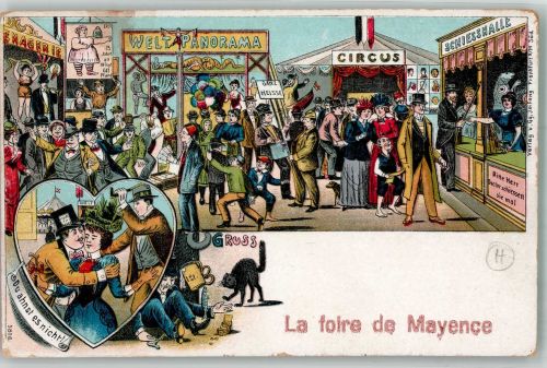W6500 Mainz a Rhein Volksfest Schießhalle, Welt Panorama , Zirkus Jahrmarkt 1924 Lithographie / Künstlerkarte