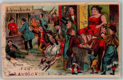 W6536 Langenlonsheim Schießbude Riesendame Humor Jahrmarkt 1903 Lithographie / Künstlerkarte