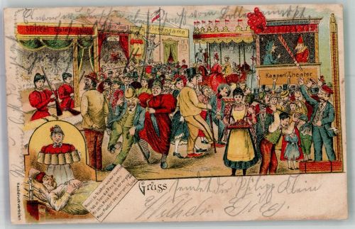 Kasperle Theater, Riesen Dame , Schießbude, Hau den Lukas Jahrmarkt 1901 Lithographie / Künstlerkarte
