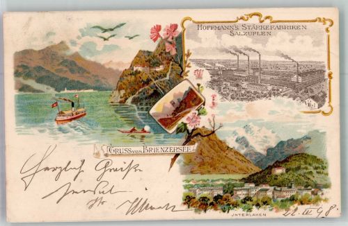 W4902 Bad Salzuflen Serie Städte i.d. Schweiz Interlaken + Hoffmann Fabrik Hoffmann´s Stärke 1898 Lithographie / Künstlerkarte