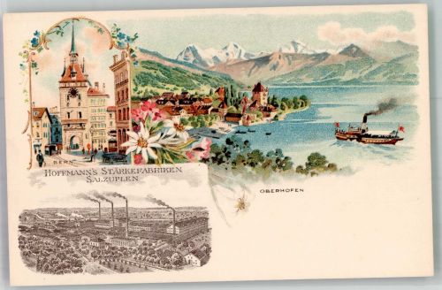 W4902 Bad Salzuflen Serie Städte i.d. Schweiz Oberhofen + Hoffmann Fabrik Hoffmann´s Stärke 1898 Lithographie / Künstlerkarte