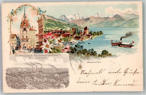 Oberhofen am Thunersee Fabrik Bad Salzuflen Serie Städte der Schweiz Hoffmann´s Stärke 1899 Lithographie / Künstlerkarte