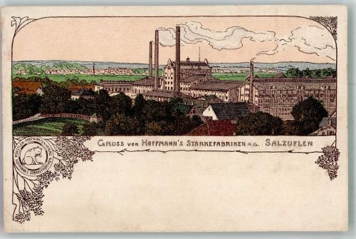 W4902 Bad Salzuflen Fabrik mit rauchenden Schornsteinen Hoffmann´s Stärke 1899 Lithographie / Künstlerkarte