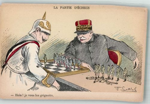 Kaiser Wihelm II spielt Schach mit Soldaten sign. Fernand Gottlob Militär Humor WK I Gebrauchsspuren