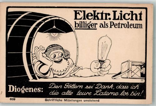 Werbung Diogenes Elektr. Licht billiger als Petroleum Lampe Gebrauchsspuren