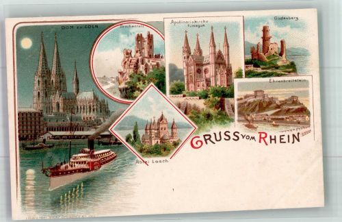 50667 W5000 Köln Deutz 105 Lithographie Dom Raddampfer Apollinariskirche Remagen Godesburg
