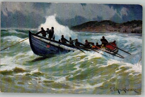 sign. Schreckhaas P. Ruderboot Seenotrettung 1906 Künstlerkarte