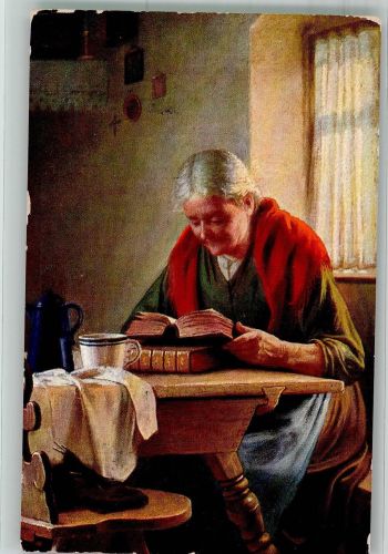 sign. Vermehren Gustav Großmutter liest Buch lesen 1910 Künstlerkarte