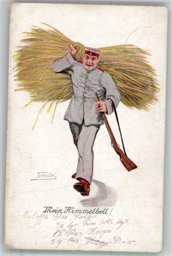 sign. Dressler Mein Himmelbett Bayer. Feldpostexpedition d. 39. Res. Div. Militär Humor WK I 1915 Künstlerkarte