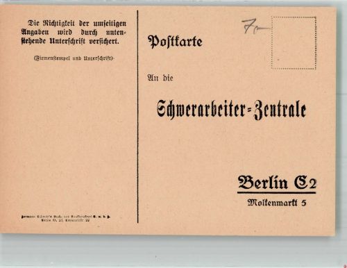 W1000 Berlin Mitte Nachmeldekarte f. Zusatzbrotkarte Schwerarbeiter Zentrale Kriegsnot