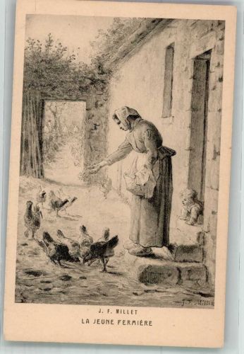 sign. Millet J.F. Der Jungbauer Frau Hühner Braun u. Cie 15075 Muttertag Künstlerkarte