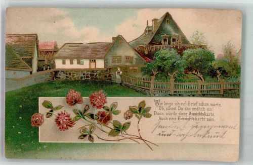Kleines Dorf in Sommerlandschaft Golddruck Glückskleeblatt 1910 Prägedruck