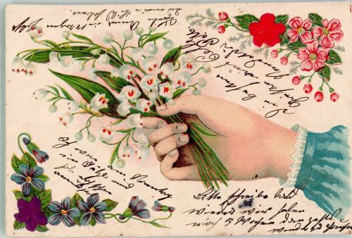Frauenhand mit Blumenstrauß Veilchen Maiglöckchen 1905 Prägedruck