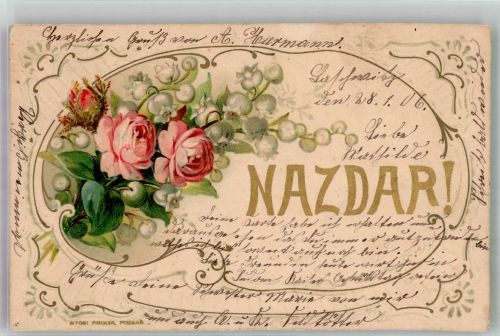 Nazdar! Grüsse Rosen Jugendstil Golddruck Maiglöckchen 1906 Prägedruck