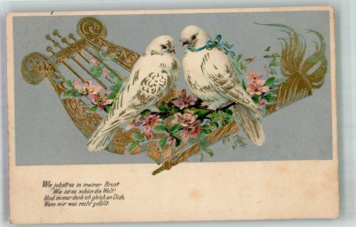 Zwei Turteltauben Heckenrosen Poesie / Liebe Golddruck Harfe Prägedruck