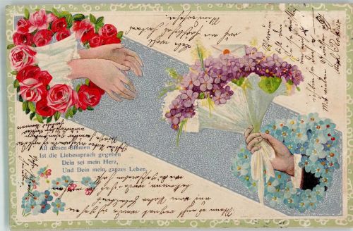 Mann und Frau reichen sich die Hand Rosen Veilchen Vergissmeinnicht Poesie / Liebe Blumensprache 1907 Prägedruck