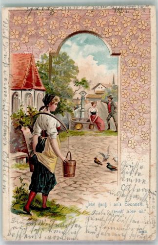 Junge Frau sieht Nebenbuhlerin mit ihrem Angebeteten am Dorfbrunnen Poesie / Liebe Wasserträger 1902 Prägedruck