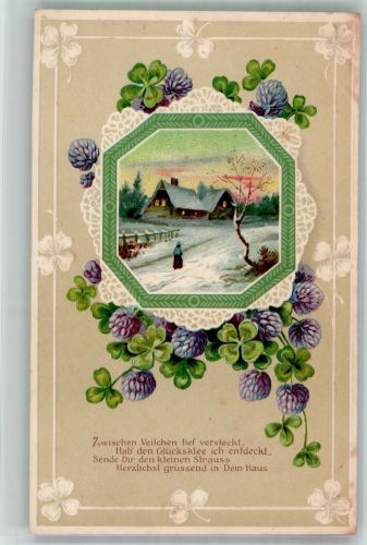Einsames Haus in weißer Winterlandschaft Glückskleeblatt Prägedruck
