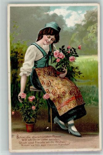 Junge Frau in Tracht mit roten Rosen Blumensprache Prägedruck