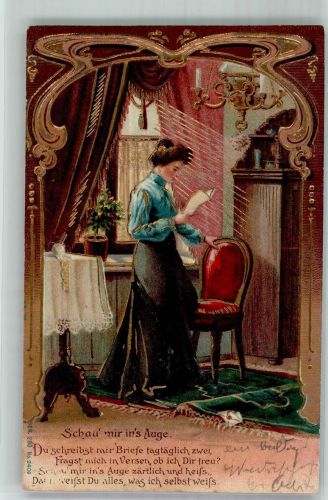 Junge Frau liest einen Brief ihres Liebsten Jugendstil Poesie / Liebe Liebesbrief 1900 Prägedruck