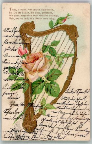 Rose mit goldener Harfe Harfe 1907 Prägedruck