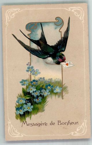 Vogel mit Liebesbrief im Schnabel Vergissmeinnicht Jugendstil Messagere de Bonheur Schwalbe 1906 Prägedruck