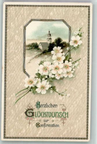 Weiße Blumen vor einer Kirche in Sommerlandschaft Erika Nr. 4645 Konfirmation 1911 Prägedruck